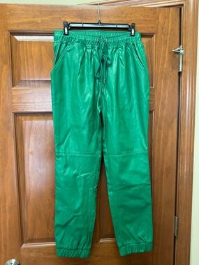 Women’s Green Faux-Leather Jogger Pants